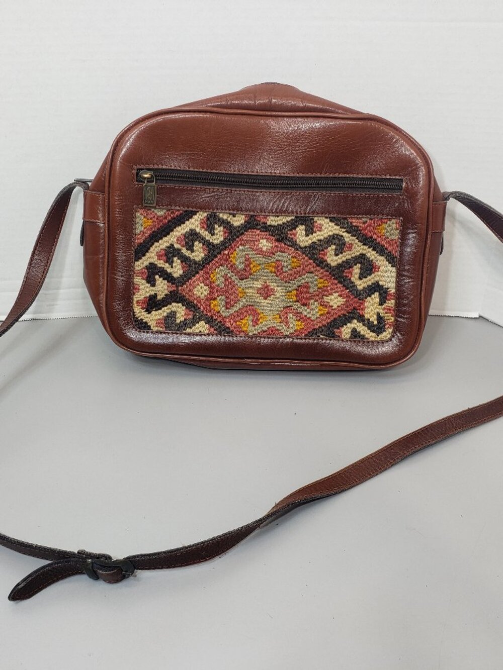 Vintage Han Kilim Turkish Wool & Leather Handcrafted Woven Crossbody Purse Bag